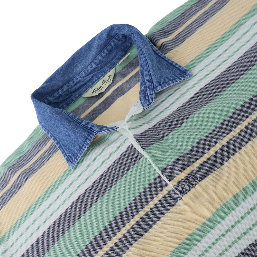 Vintage Eddie Bauer Mens Green Yellow Striped Polo Shirt Denim Collar XLarge